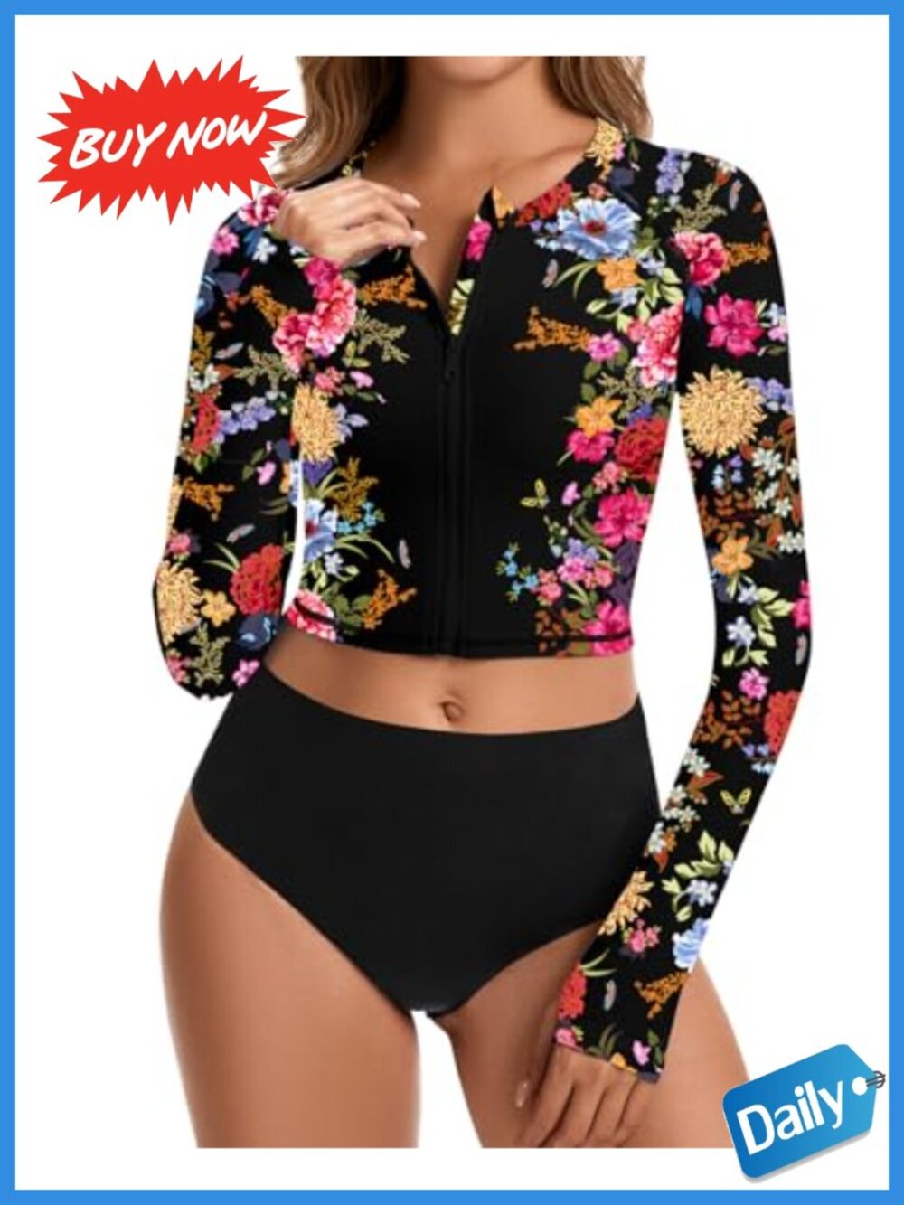 Womens Cropped Rash Guard Zip Up Long Sleeve UPF50+ Swim Top
